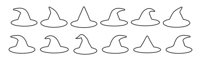 Set of Black outlines of witch hats isolated on white background. Wizard pointed hats. Concept of Halloween accessory, magic symbol, minimalist style. Print, design elements, coloring page vector