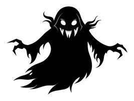 Black silhouette of ghost isolated on white background. Concept of spooky spirit, Halloween symbol, minimalist style, eerie apparition, horror, sinister poltergeist. Print, icon, design element vector
