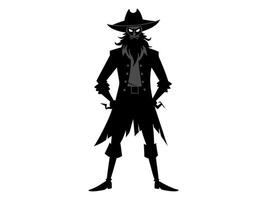 Black silhouette of cartoon pirate standing isolated on white background. Concept of pirate, Halloween, seafaring character, adventurous figure, kids illustration. Print, design element, graphic art vector