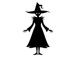 Black silhouette of a witch isolated on a white background. Concept of Halloween, magic, spooky character, witchcraft symbol. Print, icon, design element. vector