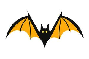 Black silhouette of a bat with glowing eyes and yellow wings isolated on a white background. Concept of nocturnal wildlife, Halloween symbol, minimalist style. Print, icon, design element. vector