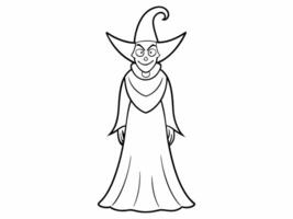 Black outline of a witch isolated on a white background. Concept of Halloween character, mythical sorceress, minimalist style, spooky figure. Print, icon, design element. vector
