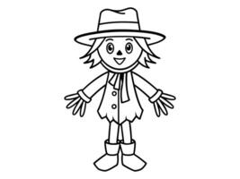 Black outline of cartoon scarecrow with witch hat and attire isolated on white background. Concept of Halloween, autumn, spooky character, farm decoration. Print, digital art, design element. vector