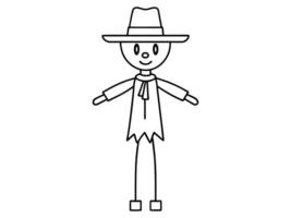 Black outline of cartoon scarecrow with witch hat and attire isolated on white background. Concept of Halloween, autumn, spooky character, farm decoration. Print, digital art, design element. vector