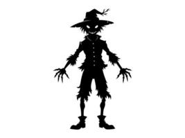 Black silhouette of cartoon scarecrow with witch hat and attire isolated on white background. Concept of Halloween, autumn, spooky character, farm decoration. Print, digital art, design element vector