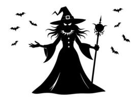 Black silhouette of a witch isolated on a white background. Concept of Halloween, magic, spooky character, witchcraft symbol. Print, icon, design element. vector
