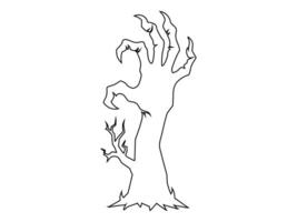 Black outline of creepy zombie hand isolated on a white background. Eerie monster hand. Concept of horror, Halloween, creepy design. Print, design element, coloring page. Graphic art vector