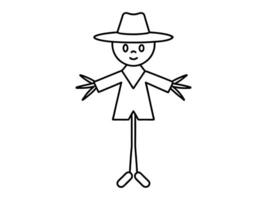 Black outline of cartoon scarecrow with witch hat and attire isolated on white background. Concept of Halloween, autumn, spooky character, farm decoration. Print, digital art, design element. vector