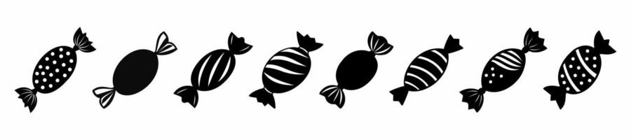 Set of Black silhouettes of candies wrapped in packaging. Isolated on white background. Sweet treat icons in a minimalist style. Concept of confectionery, dessert. Print, design elements. Clip art. vector