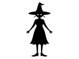 Black silhouette of a witch isolated on a white background. Concept of Halloween, magic, spooky character, witchcraft symbol. Print, icon, design element. vector