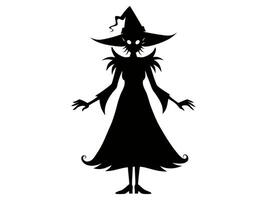 Black silhouette of a witch isolated on a white background. Concept of Halloween, magic, spooky character, witchcraft symbol. Print, icon, design element. vector