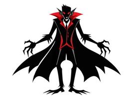 Black silhouette of a vampire isolated on a white background. Concept of Halloween monster, gothic creature, horror icon, minimalist style, spooky character. Print, design element. vector
