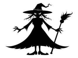 Black silhouette of a witch isolated on a white background. Concept of Halloween, magic, spooky character, witchcraft symbol. Print, icon, design element. vector