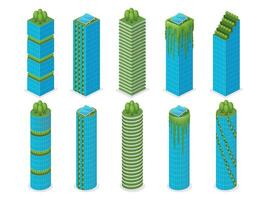 set of isometric green buildings, sustainable architecture include square and round tall buildings in variety types for eco city concept. flat illustration. vector