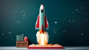 A rocket takes off on a blue background. . photo