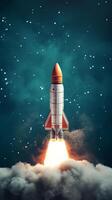 A rocket takes off on a blue background. . photo