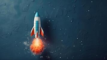A rocket takes off on a blue background. . photo
