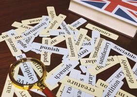 English vocabulary cards on wooden table photo