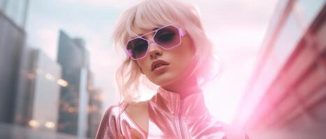 Blonde girl in pink style with cityscape. . photo