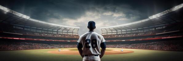 Baseball player in baseball arena stadium with copy space. . photo