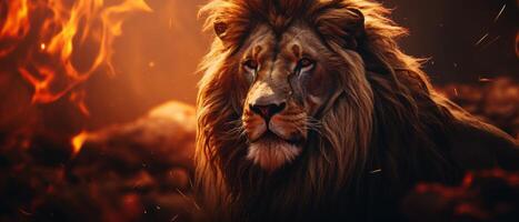 The Lion King amidst a fiery landscape. The Lion King in Bright Fire. The Lion King stands proudly with a majestic mane and a powerful gaze. . photo
