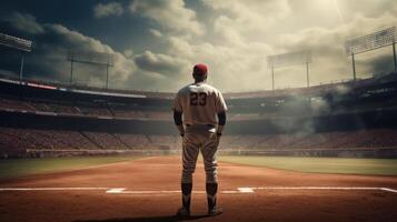 Baseball player in baseball arena stadium with copy space. . photo