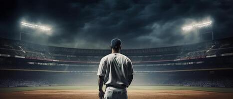 Baseball player in baseball arena stadium with copy space. . photo