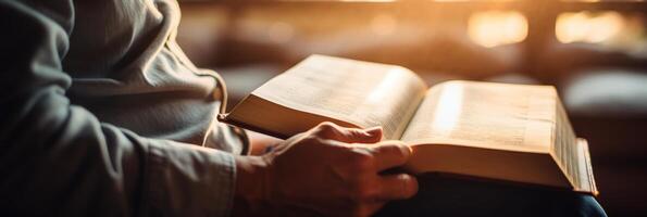 Person engrossed in reading book. . photo