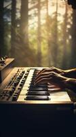 Musician playing keyboard with copy space. . photo