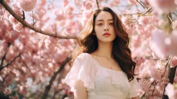 Beautiful girl near pink cherries in the garden. . photo