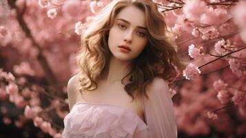 Beautiful girl near pink cherries in the garden. . photo