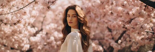 Beautiful girl near pink cherries in the garden. . photo