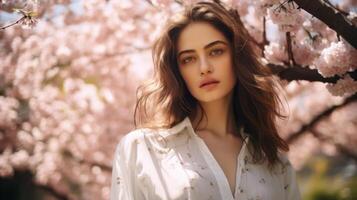 Beautiful girl near pink cherries in the garden. . photo