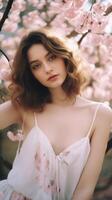 Beautiful girl near pink cherries in the garden. . photo
