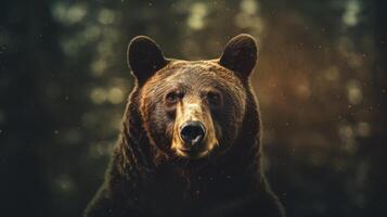 Portrait of a majestic face of a bear on the background of a forest. . photo