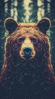 Portrait of a majestic face of a bear on the background of a forest. . photo