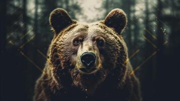 Portrait of a majestic face of a bear on the background of a forest. . photo
