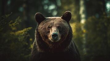 Portrait of a majestic face of a bear on the background of a forest. . photo