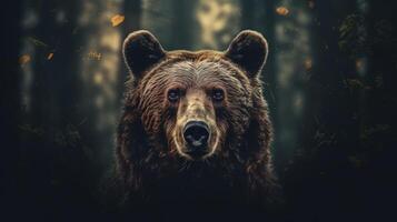 Portrait of a majestic face of a bear on the background of a forest. . photo