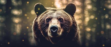 Portrait of a majestic face of a bear on the background of a forest. . photo