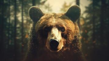 Portrait of a majestic face of a bear on the background of a forest. . photo