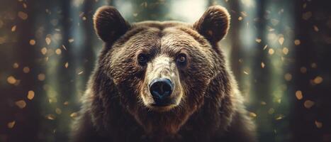 Portrait of a majestic face of a bear on the background of a forest. . photo