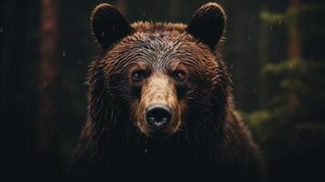 Portrait of a majestic face of a bear on the background of a forest. . photo