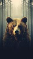 Portrait of a majestic face of a bear on the background of a forest. . photo