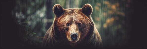 Portrait of a majestic face of a bear on the background of a forest. . photo