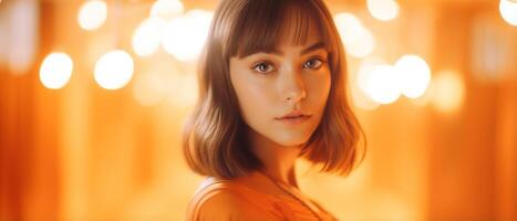 Beautiful girl on an orange background. The girl in orange. . photo
