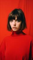 Beautiful girl on a red background. The girl in red. . photo