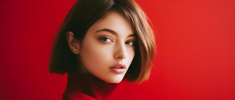 Beautiful girl on a red background. The girl in red. . photo