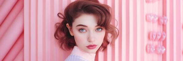 Beautiful girl on a pink background. The girl in pink. . photo