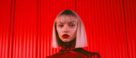 Beautiful girl on a red background. The girl in red. . photo